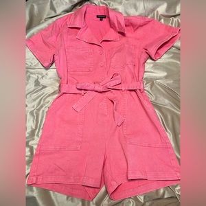 Pink Cotton Twill Notch Collar Short Sleeve Button Front Belted R…